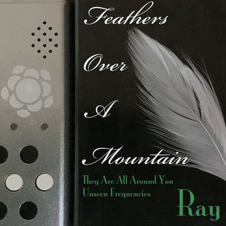 The left third of the image is a closeup of a device with a brushed metal surface, containing rows of round buttons, some black, some white. The right two thirds of the image has a black background. A white feather lays across the black surface, from the lower right edge toward top center. White text around the feather in a cursive font reads Feathers Over A Mountain. In smaller darker text below that are the song titles They Are All Around You and Unseen Frequencies. At the bottom right is the name Ray.