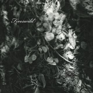 a square black and white image. Closeup of a forest floor with pine needles and various leaves. Near the upper left corner in a cursive font is the white text Fireswild. Near the bottom right is the black text Ray.