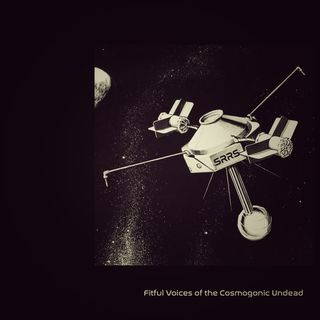 A square image with a black background. An artist's rendition of an orbiting satellite. It has various components attached to it articulating outwards from the main body. Text on the side of the satellite in a font similar to the one NASA uses reads SRRS. In the background can be seen the cosmos, with the Milky Way and various stars and planets. The moon appears near the top left corner.